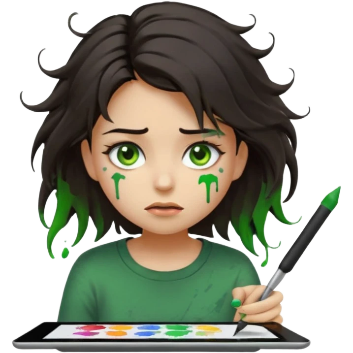 emoji holding and drawing on tablet using a stylus, looking down at screen in frustration, female, messy dark hair, green eyes, alternative/grunge style, screen slightly visible with splashes of color like a paint palette  emoji