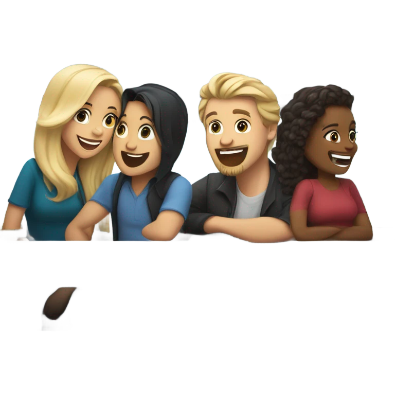 A woman with long dark hair, a womanwith long blond hair, a bearded man with long dark hair and a man with short blond hair and sunglasses sitting in a booth on a train laughing  emoji
