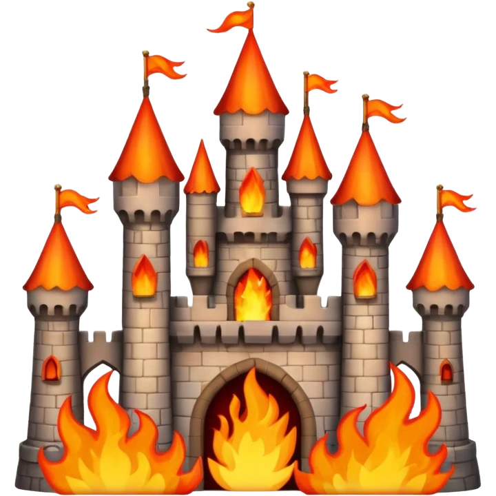 castle burning with orange and red flames, emoji style emoji