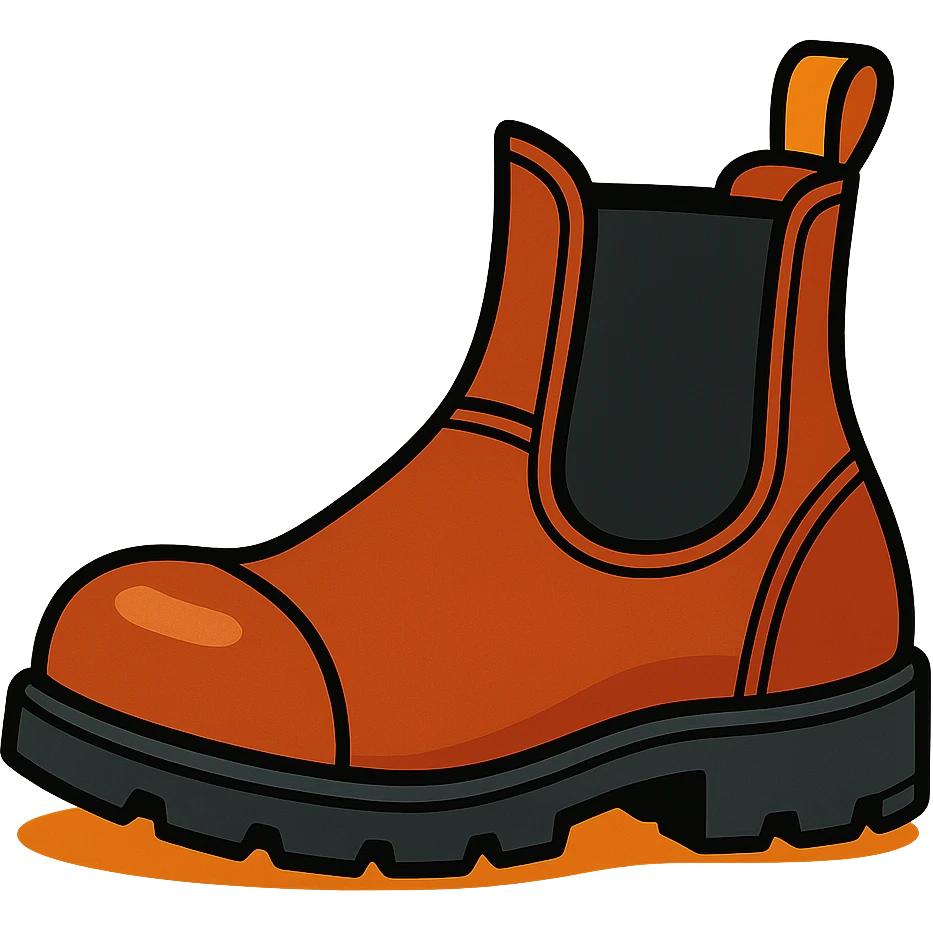 cartoon style single Blundstone boot, side view, brown with black elastic, exaggerated features emoji