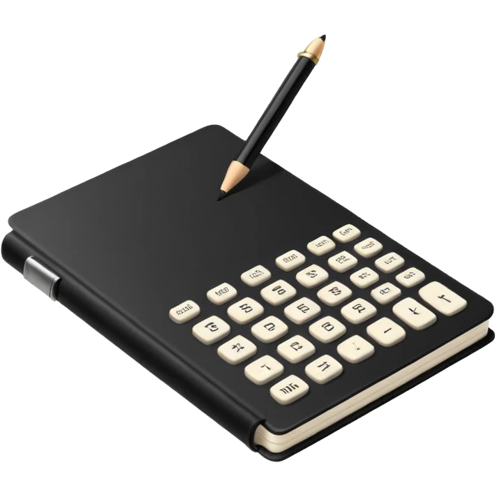 Minimalistic flat vector icon, iOS style, thin black contour on white background. Small black notebook with visible binding, placed next to a calculator. Clean, modern, no text, no shadows. emoji