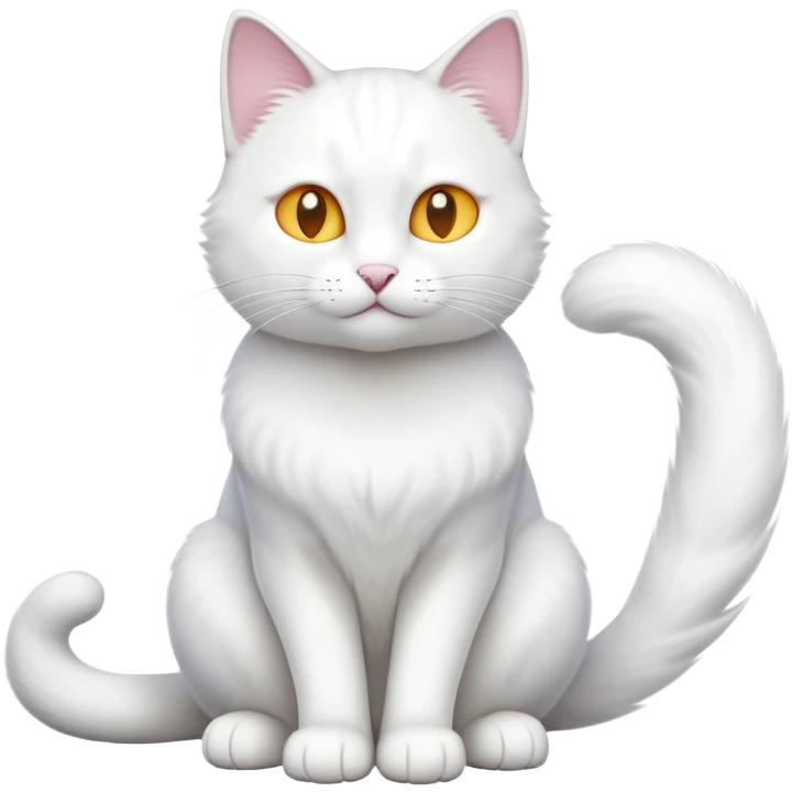cinematic-[white cat]-realistic-full-body-sitting-emoji,-tail-curled-playfully-around-its-paws,-head-tilted-dramatically,-sleek-[white]-fur,-simplified-yet-realistic-focused-features,-highly-detailed,-glowing-with-an-almost-sarcastic-glow emoji