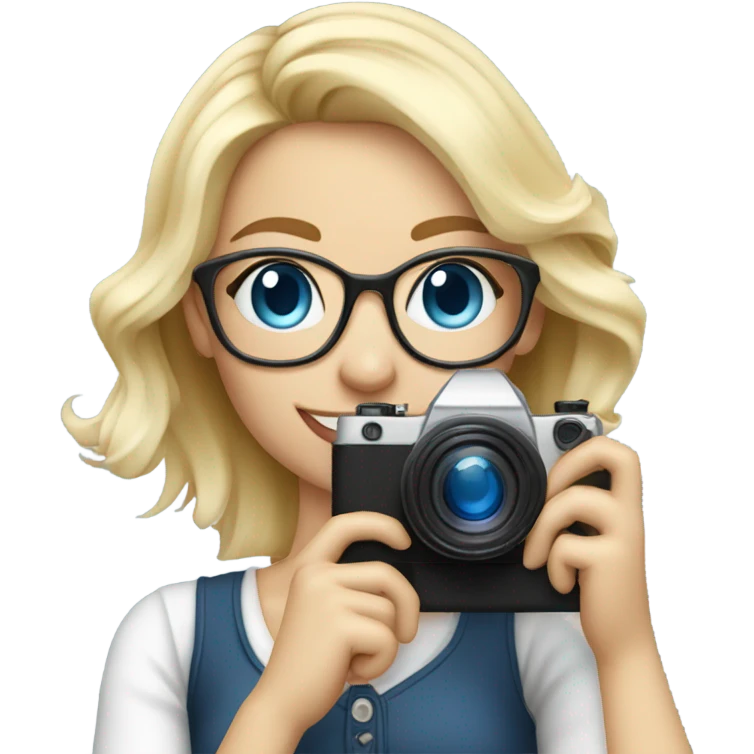 Elegant real blonde girl with glasses smiling blue eyes taking pictures with a camera  emoji