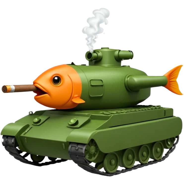 goldfish in the hatch of a green military tank, puffing a cigar, iOS emoji style emoji
