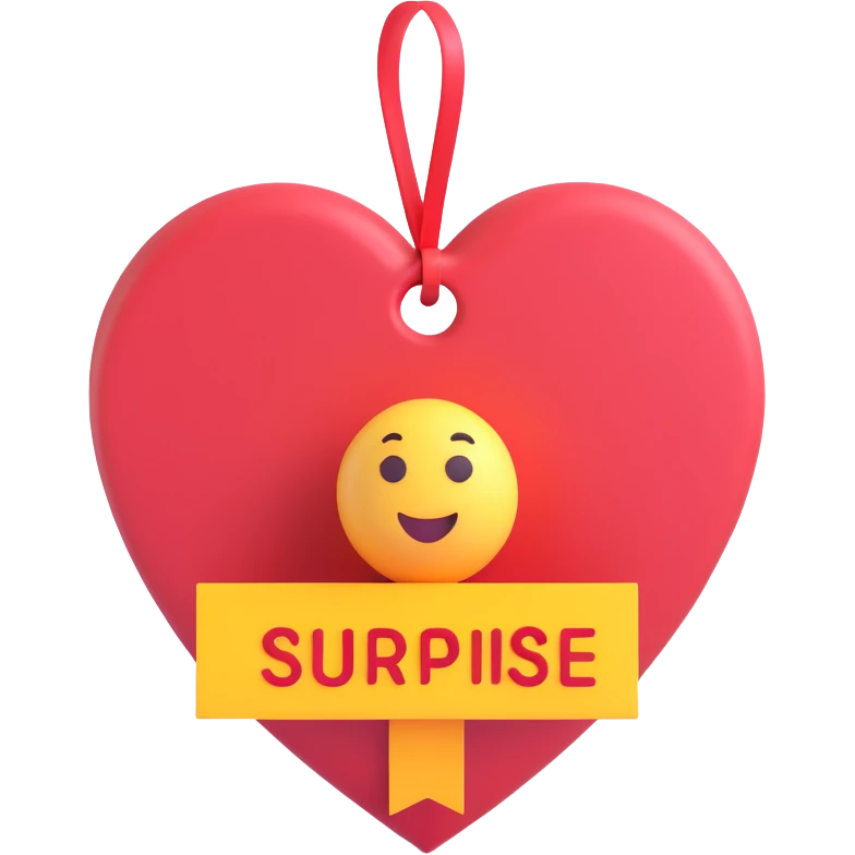 Change the name on the heart-shaped gift tag to 'Surprise', keep the 3d emoji style, no background. emoji