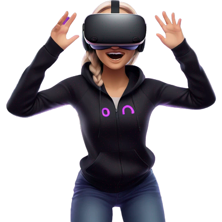 Russian girl wearing black hoody with violet letters "OMG", in vr headset oculus quest2. jumping. Cyberpunk style. Violet neon. emoji