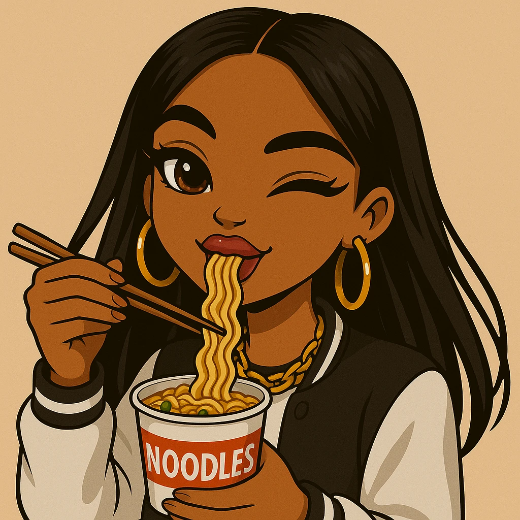 Change the pose to a 20-year-old anime Bratz style woman with dark skin, straight hair, trendy outfit, big expressive eyes, glossy lips, no hat, no tears, happy expression, looking straight ahead, eating a cup of noodles with chopsticks, headshot only. emoji