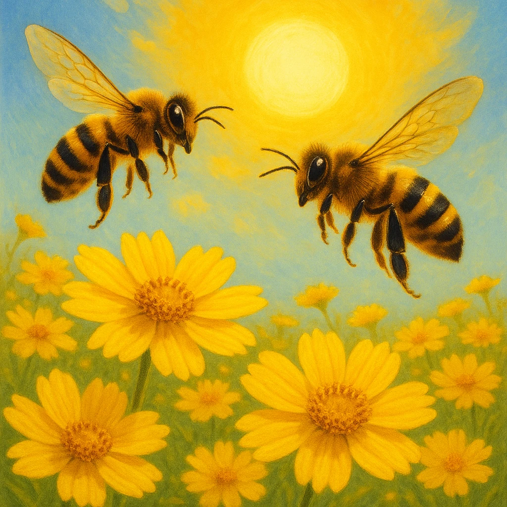 Two bees flying over yellow flowers with a sun in the background, vibrant yellow flowers and bright sun, black and yellow bees, variation 2 emoji