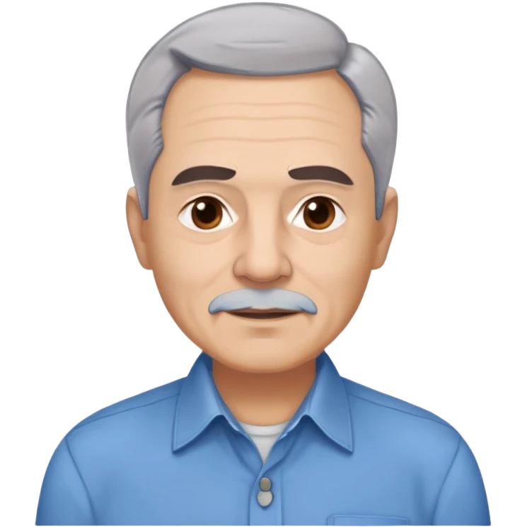 Older Hispanic man in his 60s with light skin, round face, wide jaw, broad cheekbones. Expressive dark brown eyes, thick eyebrows. Short gray/white hair with receding hairline. Well-shaved. Friendly expression. Wearing a button-down shirt in blue. emoji