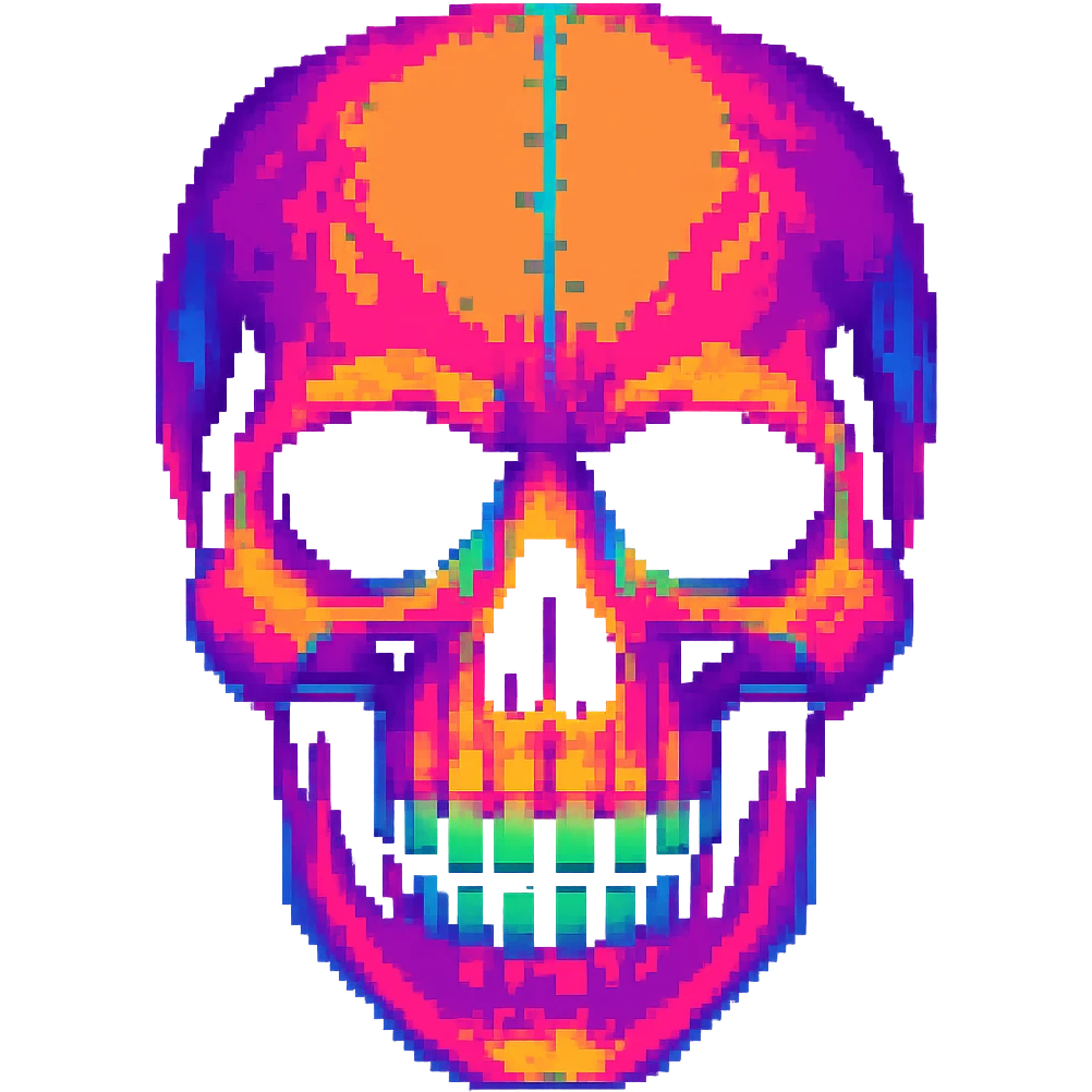 Edit the blown skull with a neon color palette in a pixel art style. Keep the background transparent. Note: The original pixel art style does not support editing, so using the general style while preserving the pixel art look. emoji