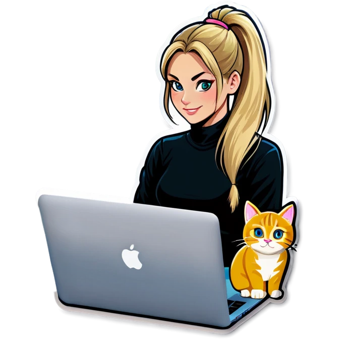 Blonde girl ponytail macBook and a cat emoji