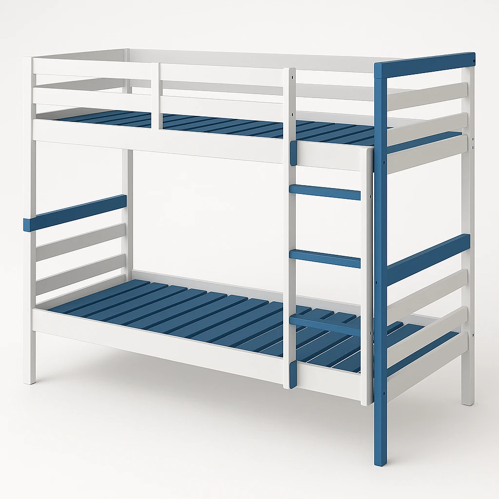 modern bunk bed, white frame with blue highlights, simple and modern look emoji