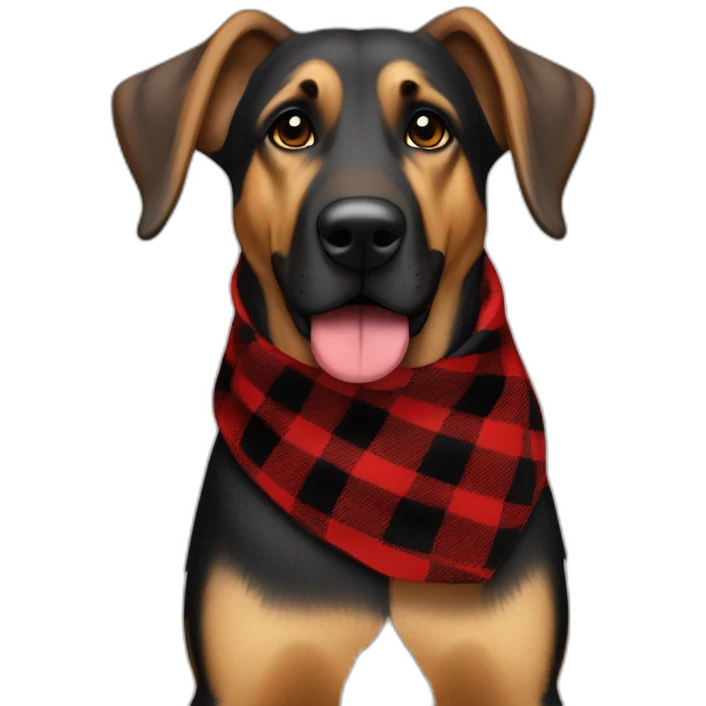 75% Coonhound 25% German Shepherd mix dog wearing small pointed red buffalo plaid bandana pointing down side view full body facing left emoji