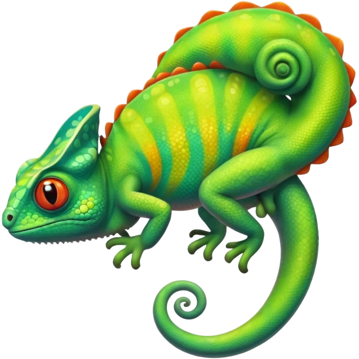 exotic chameleon character, vibrant colors, curled tail, cute style, 3D cartoon, mobile game icon style, clean background, no text, no watermark
 emoji