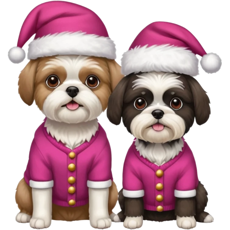 two dogs one little white all over shih tzu dog with pink santa hat and one bigger mostly white with black havanese dog wearing red christmas sweater and red christmas hat emoji