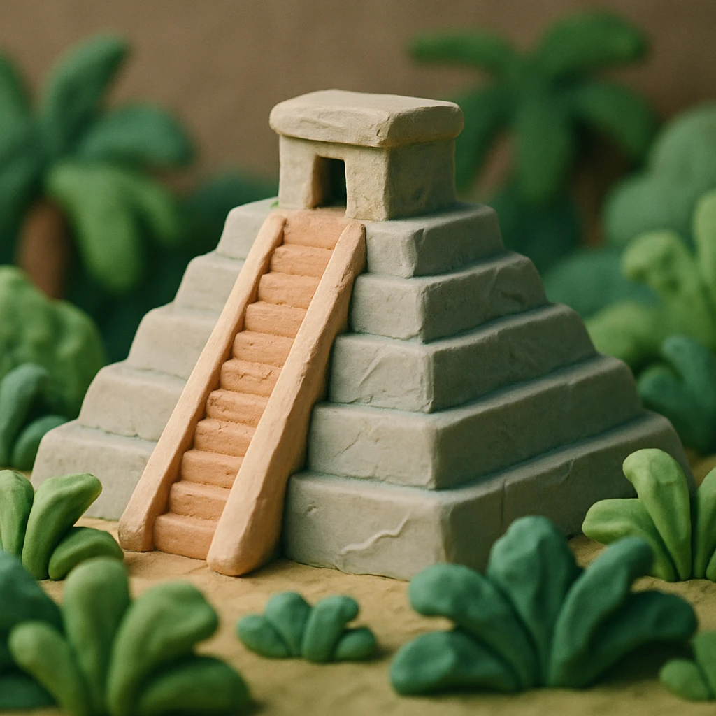 Mayan temple in 3D claymation style, pastel colors, visible fingerprints, surrounded by foliage emoji
