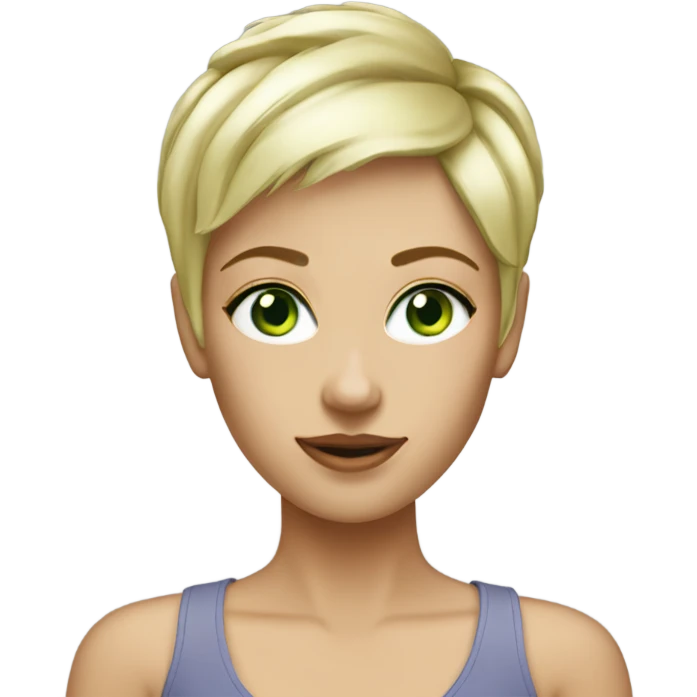 Blond crop pixie haircut woman green eyes emoji