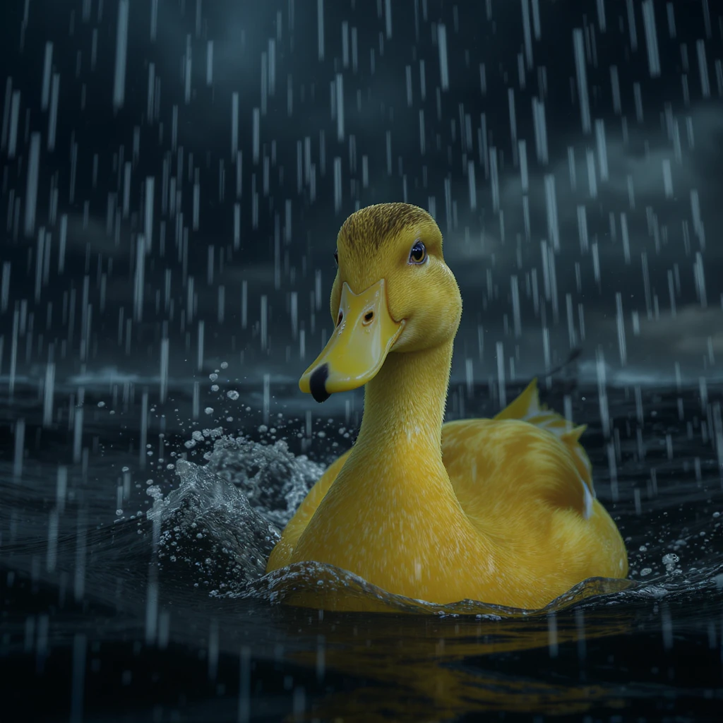 Cinematic still, Closeup shot of Yellow duck on ocean during storm, inspired by interstellar  emoji