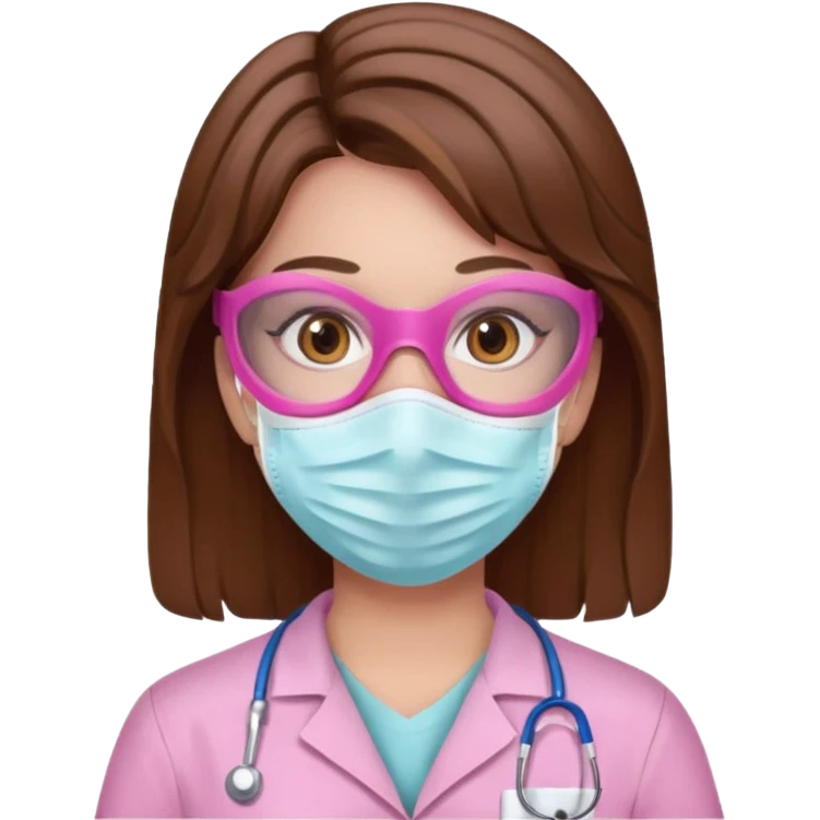Dentista mujer con mascarilla rosada, cabello marron, piel blanca, camisa rosada, ojos marrones, sin lentes emoji