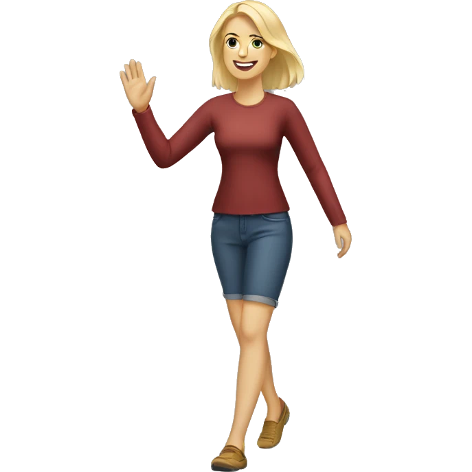walking, white woman, a blonde, friendly waving emoji