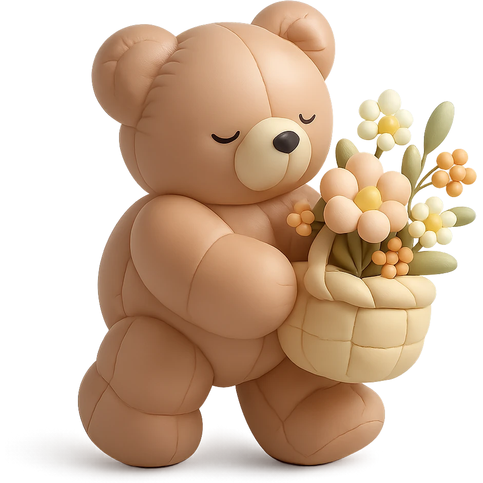 bear carrying a basket of wildflowers, soft pastel brown and cream, cushion style emoji