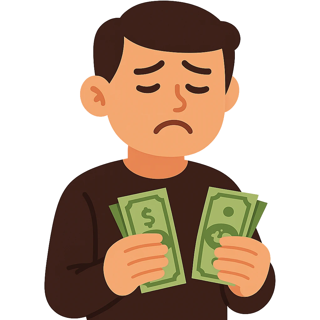 flat toon style dark brown haired guy with a round face, disappointed expression, holding cash emoji