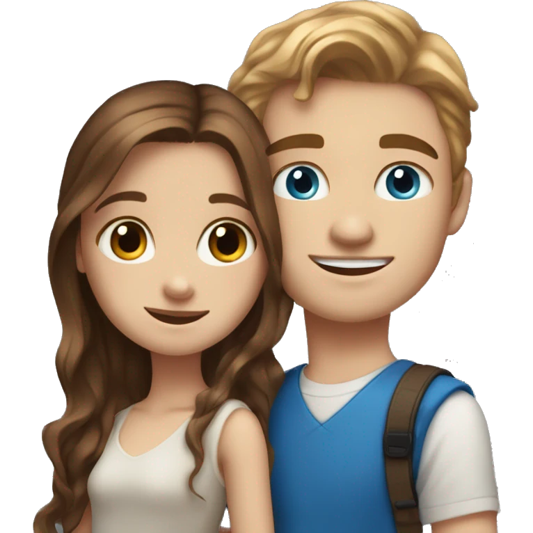 Realistic white girl with long brown hair and white boy with brown hair and blue eyes hugging  emoji