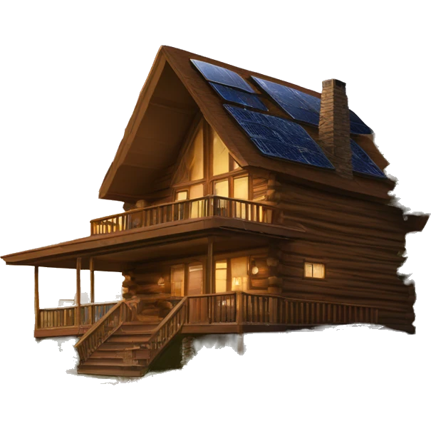 Skywalker Cabin is a very Very big Wood Cabin near tree on the mountain in the background. The cabin is 5 stories tall with extensive solar arrays on top. The cabin sits on thick grass fields. porch lights on ,guests on porch smoking ,flowers and bushes  emoji