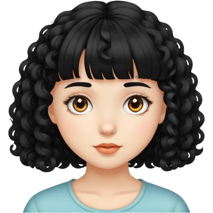 Garota de pele clara, cabelo cacheado, preto,curto e com franja emoji