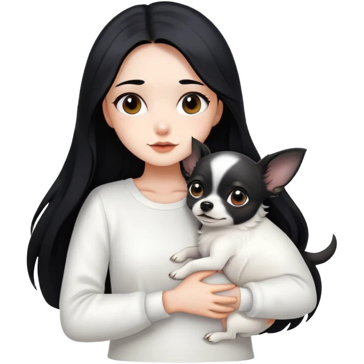 Fair skin girl - long black hair - white clothes - hugging a black chihuahua emoji