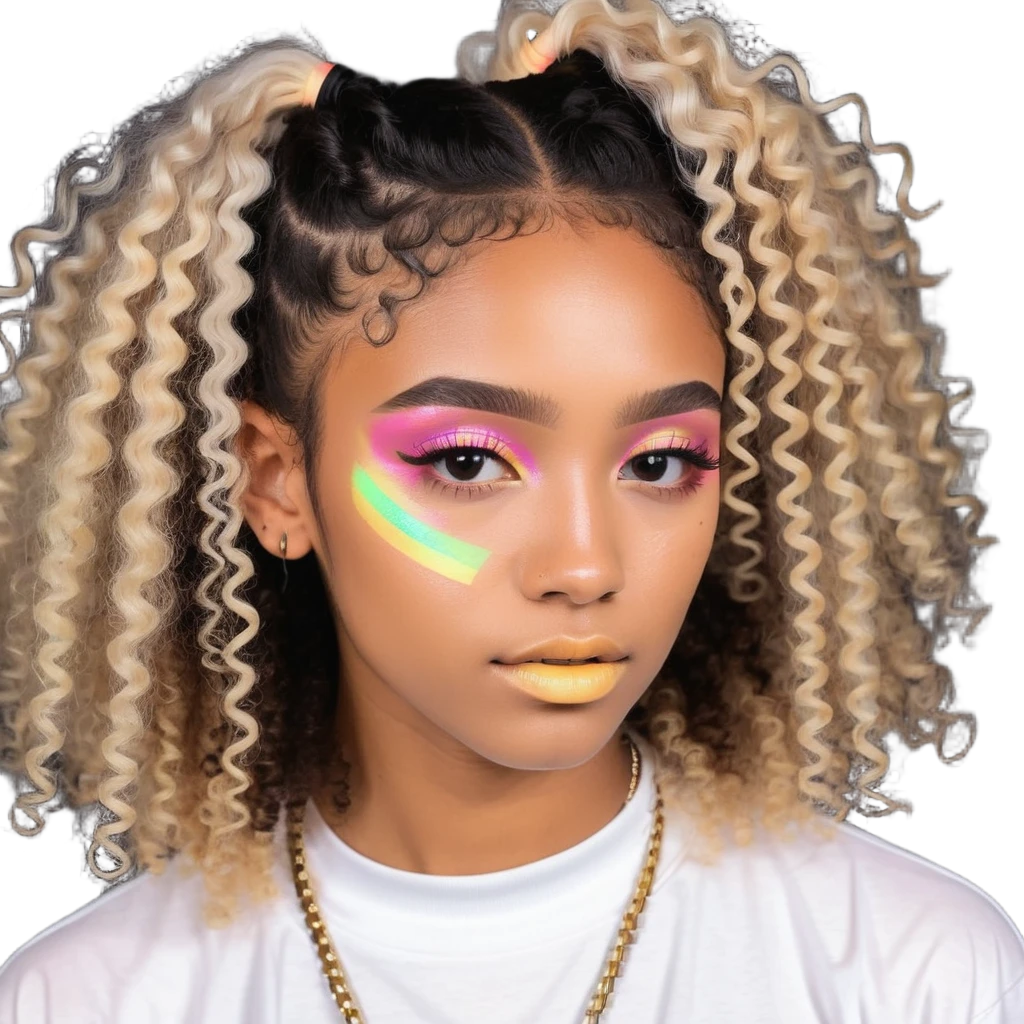 curly hair, light brown skin, baby hairs, highlighter makeup, Y2K and sportlife style emoji