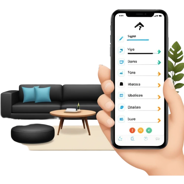 smartphone with interior design style quiz app showing swipe left and right arrows between modern and traditional living room styles emoji