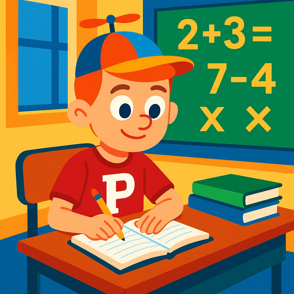 Little Johnny with a propellor hat and Philadelphia sports shirt, sitting at a desk in a math classroom, focused and organized, cartoon style, colorful, friendly, positive atmosphere emoji