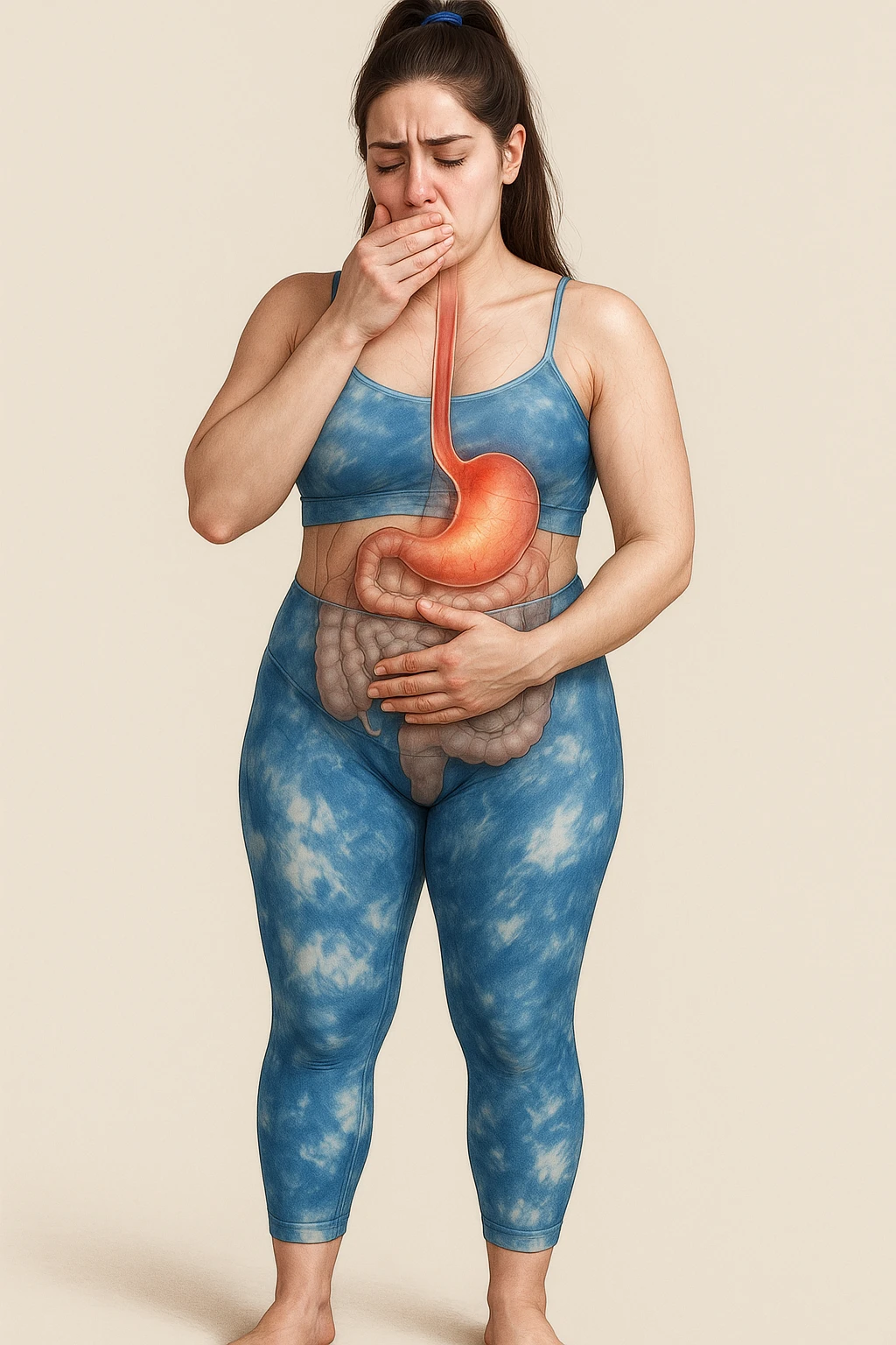 Realistic anatomical illustration of a woman in sportswear inspired by the reference photo, with one hand on her mouth and the other on her belly, sign of reflux. Highlight esophagus, stomach, and involved organs, expression of burning sensation, neutral background. emoji