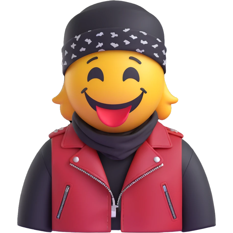 3D smiley emoji, round shape, chopper motorcyclist: long handlebars, leather jacket, bandana, funny face emoji