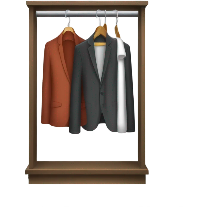 Design an emoji-style icon of an open wardrobe with clothes hanging inside. Include details like a wooden frame, hangers, and only black or white different clothing items such as shirts or any other clothing . Use a clean and minimalistic design. emoji