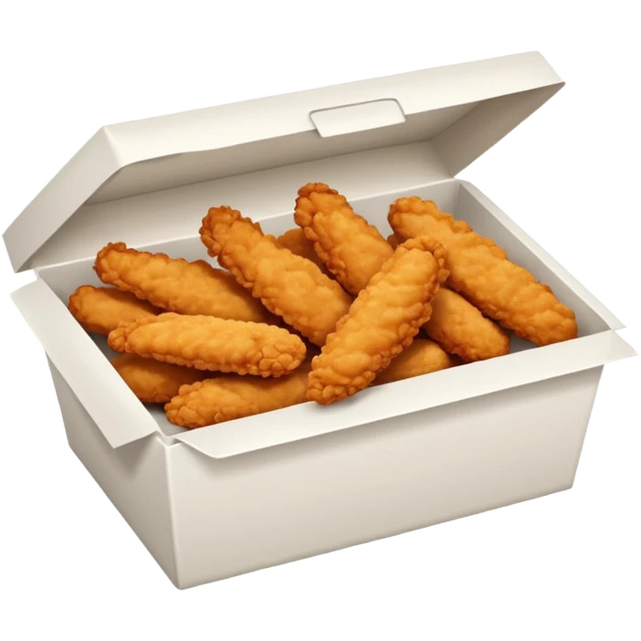 a frontal rectangular white box with no lid, filled with crispy fried chicken fingers emoji