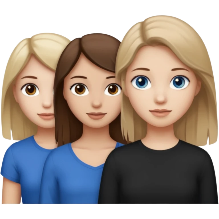 three people who are friends and the features are as follows: one girl who is white, has brown hair and brown eyes; one girl who is dirty blonde with blue eyes; one girl who is tan with dark brown hair and dark brown eyes emoji