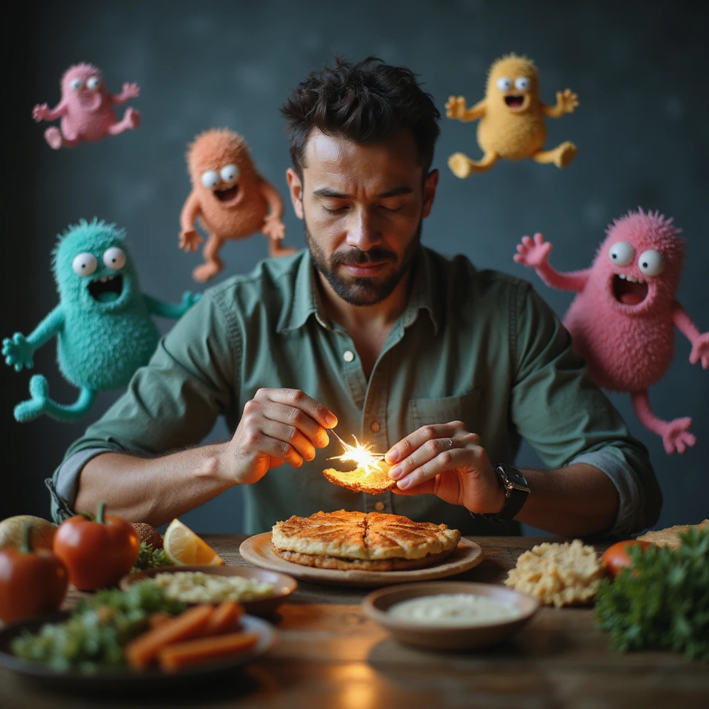 hyperrealistic 4K image of a man eating mindfully, food surrounded by glowing nutritional labels, gut microbiome characters cheering, Zen-inspired background, reference image for likeness emoji
