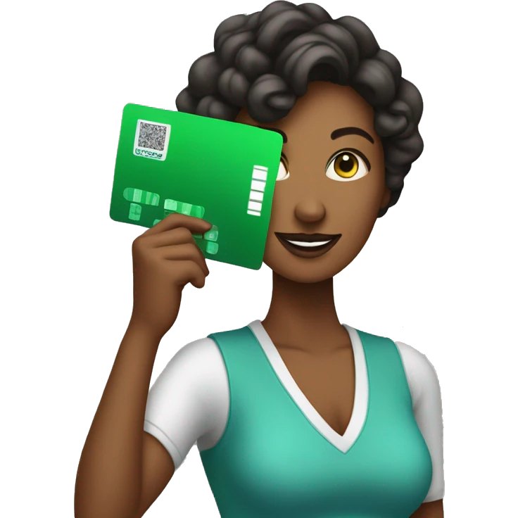Woman in her 30s holding a green card machine emoji