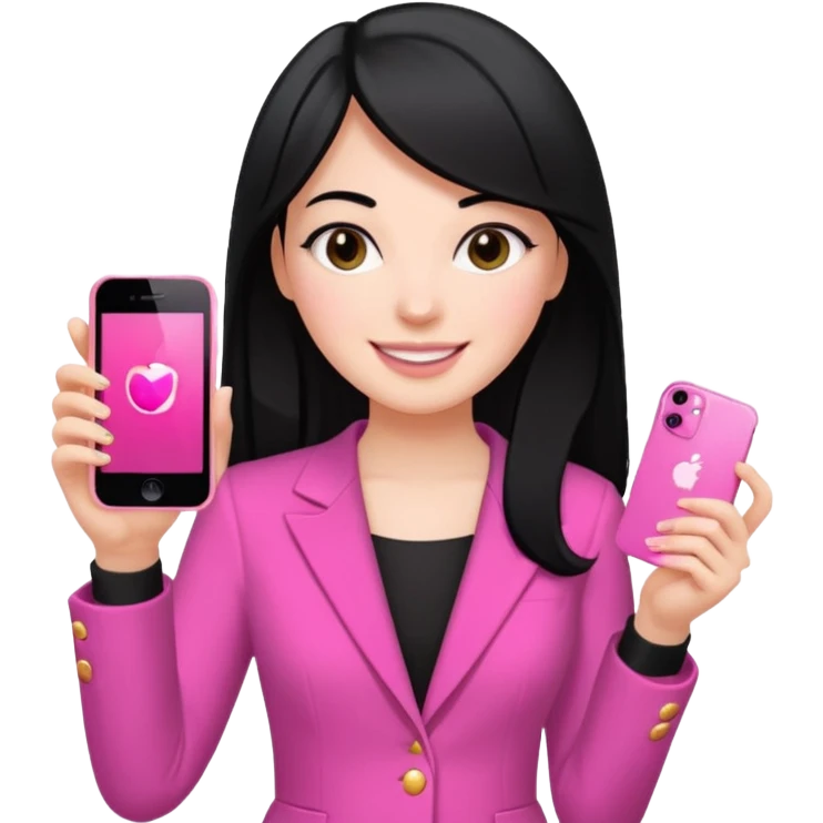 chica blanca con pelo negro liso sosteniendo con una sola mano un celula iphone 13 rosa, con vestimenta d salir de fiesta emoji