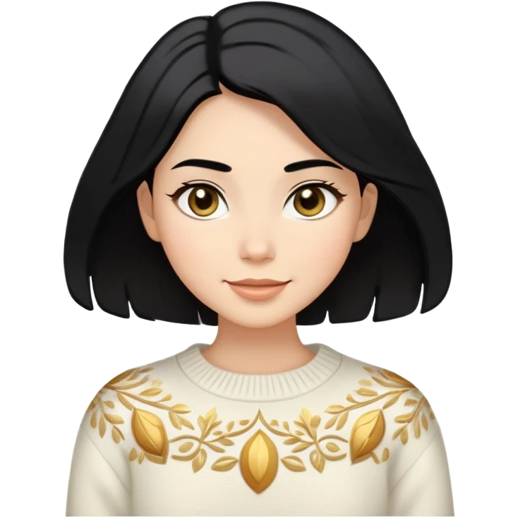 A woman with shoulder-length black hair, light to medium skin tone, full cheeks, and almond-shaped eyes, wearing a white sweater with gold design, lying comfortably on a bed with soft lighting, joyful and radiant expression. emoji