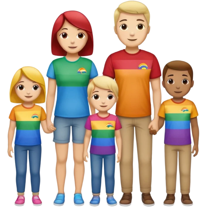 a family of 6 with the same matching shirts with a rainbow flag beind  emoji