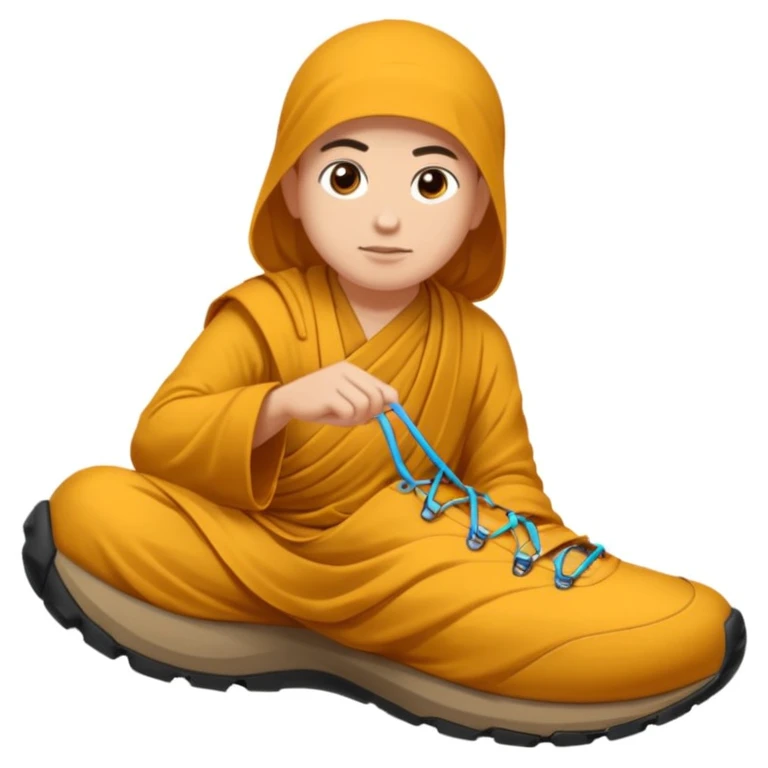Je voudrais un moine bouddhiste avec un mulet qui pris en direction d’une paire de chaussures de trail, avec une bulle de pensée avec marqué trail emoji