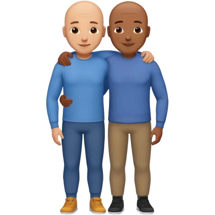 two fit bald men of different heights embracing, warm and positive, emoji style emoji