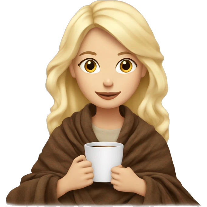Blond hair girl sitting with her cozy coffee and blanket  emoji