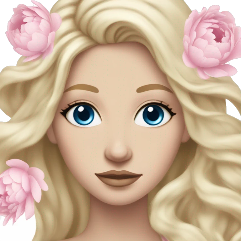 White bride with long light blonde hair and blue eyes with light pink peonies in hair white skin  emoji