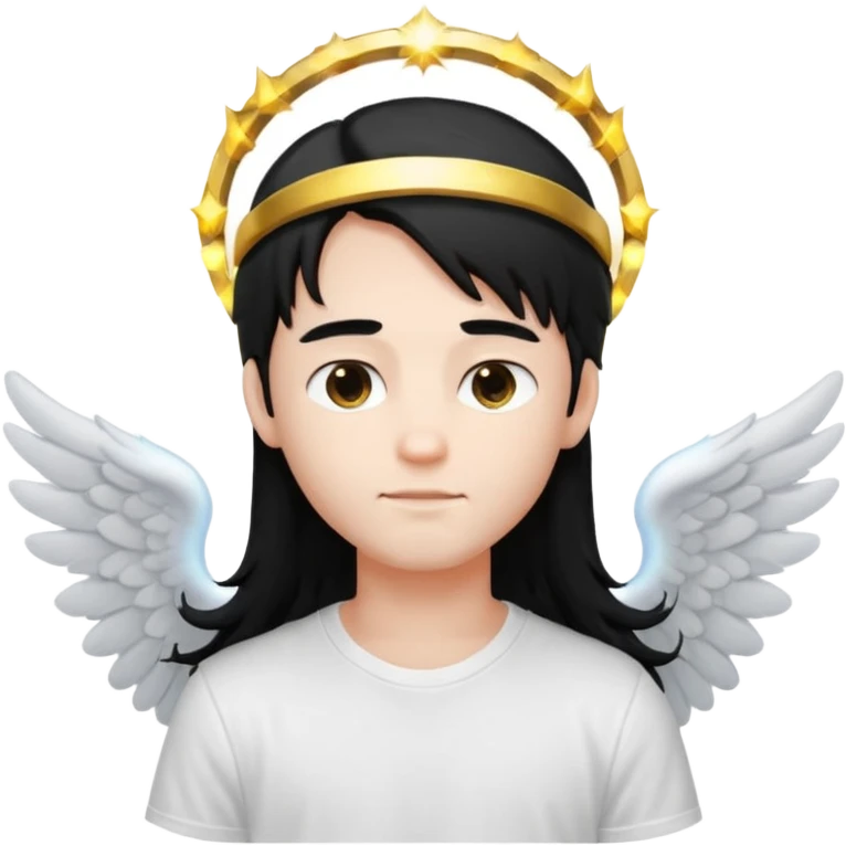 angelic boy with long black hair, white t-shirt, glowing halo emoji