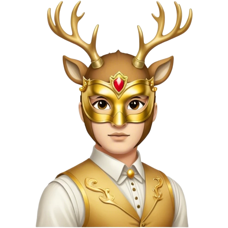 a man, with a vest,  wear half-face golden Deer masquerade mask emoji