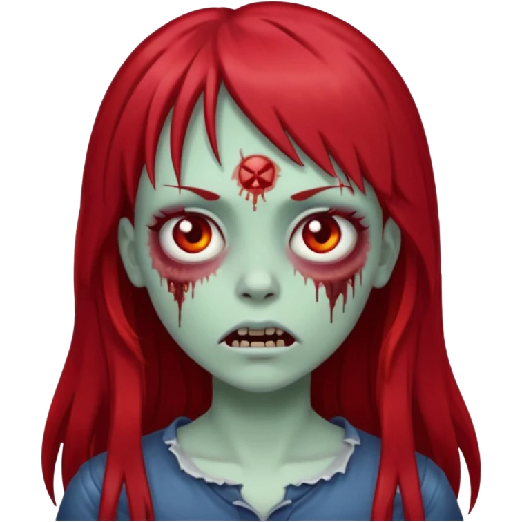zombie girl, with dark, long red hair and bangs on forehead. Emoji in iOs style. emoji